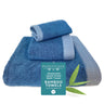 Set of blue towels with a Bedvoyage label on a white background