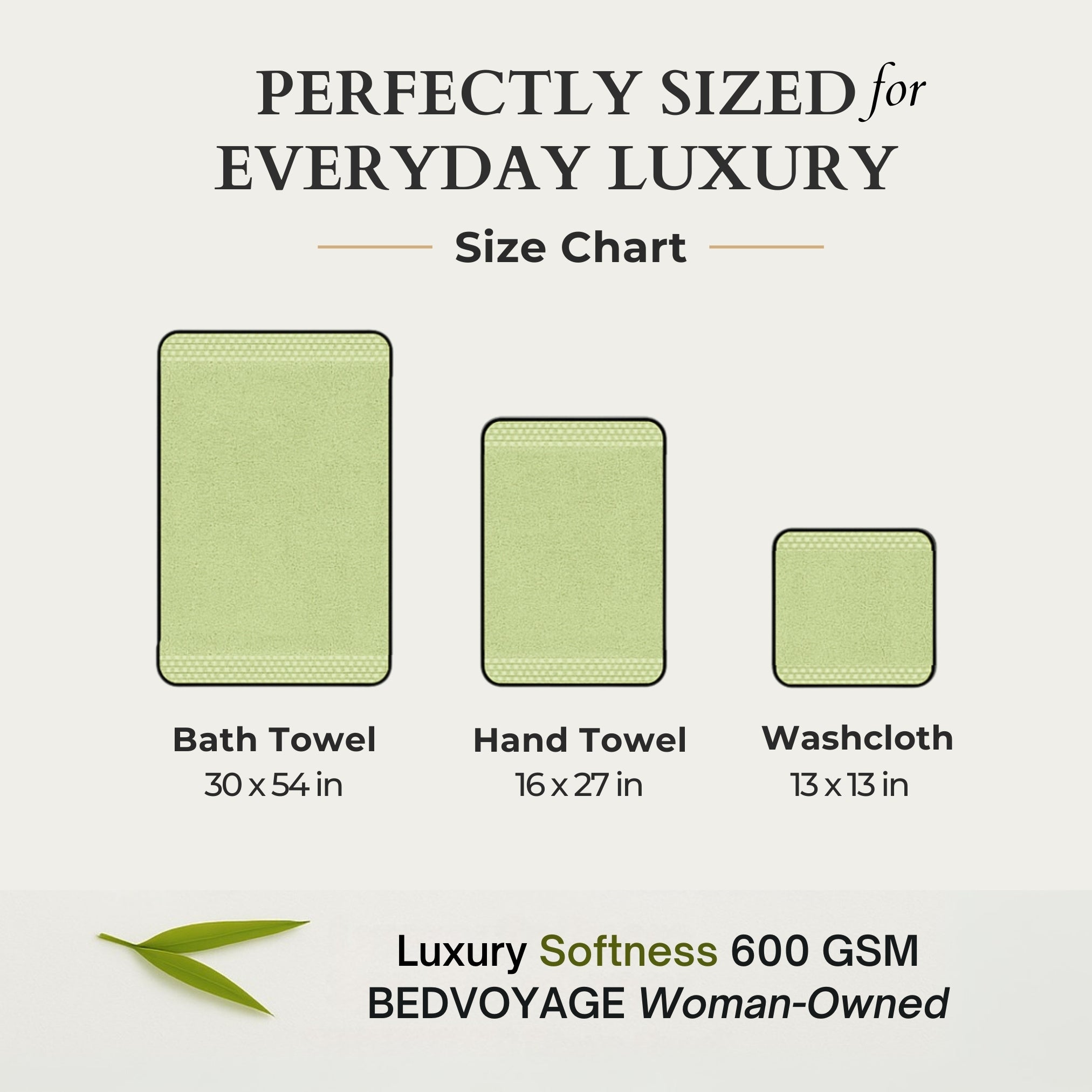 Size chart for bath towel, hand towel, and washcloth with dimensions and BEDVOYAGE branding.