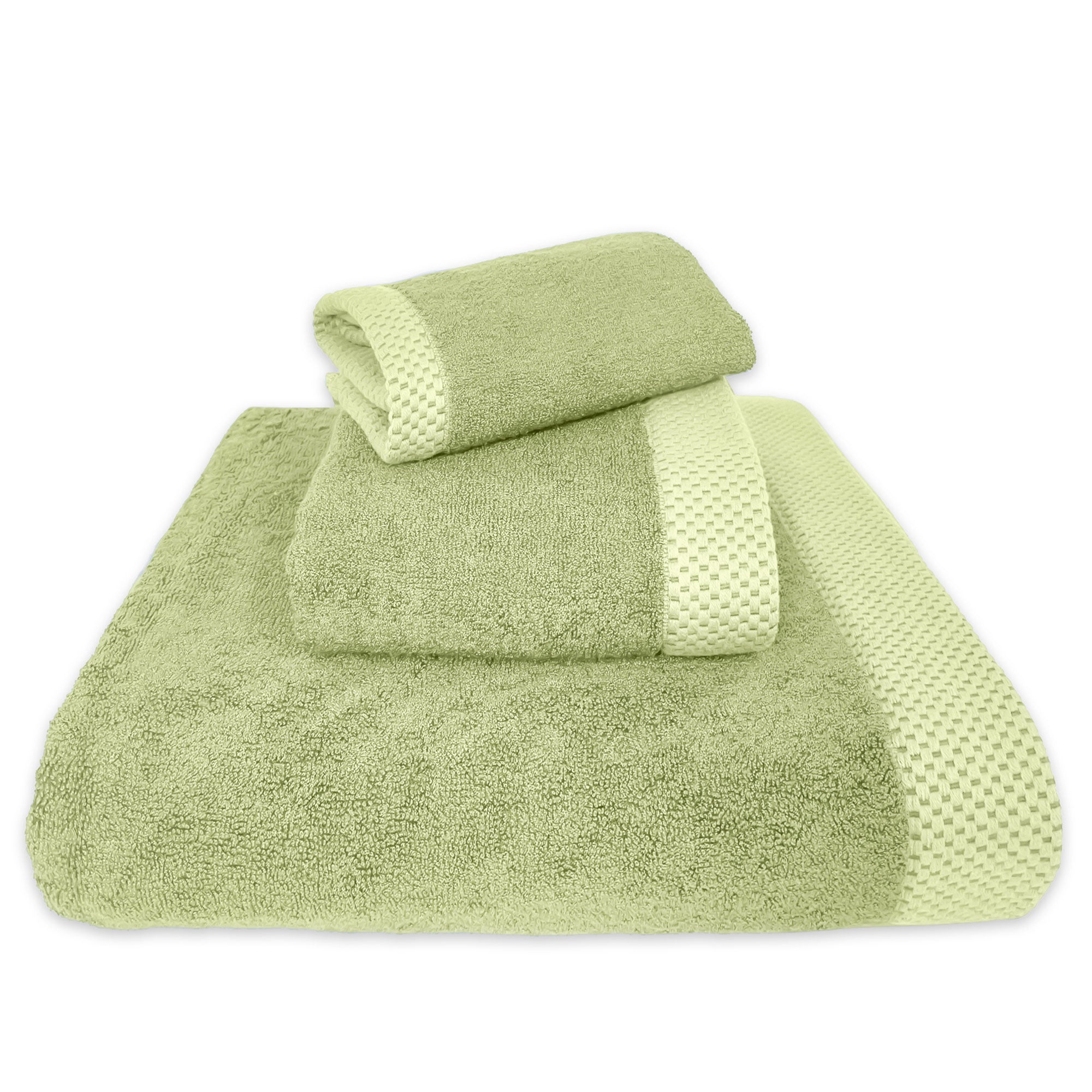 Set of green towels with textured border on a white background