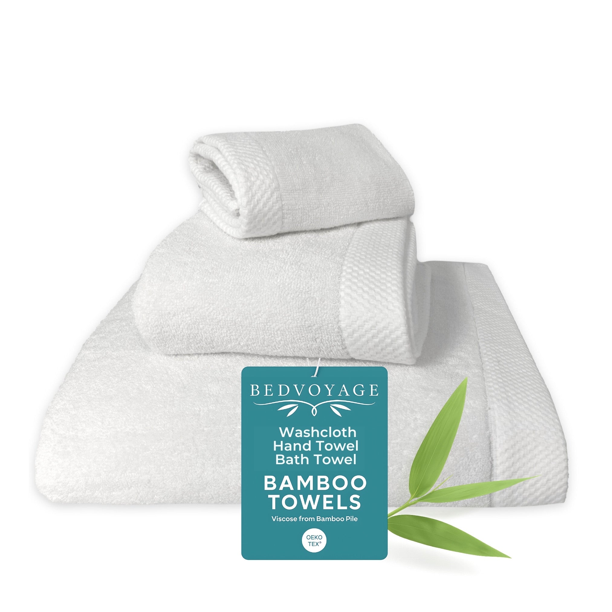 Set of white bamboo towels with a Bed Voyage label on a white background
