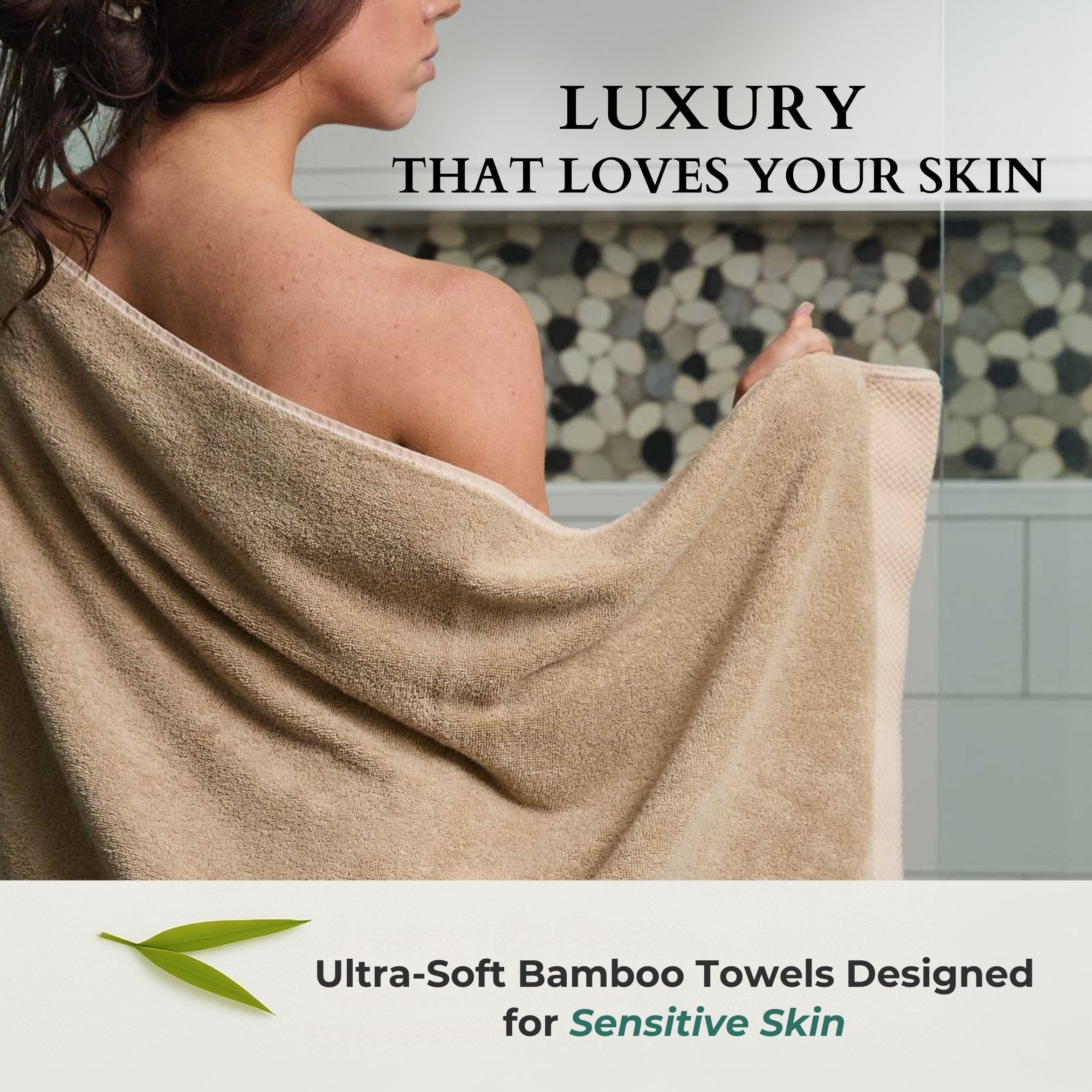 Person wrapped in a beige towel with text about ultra-soft bamboo towels for sensitive skin.