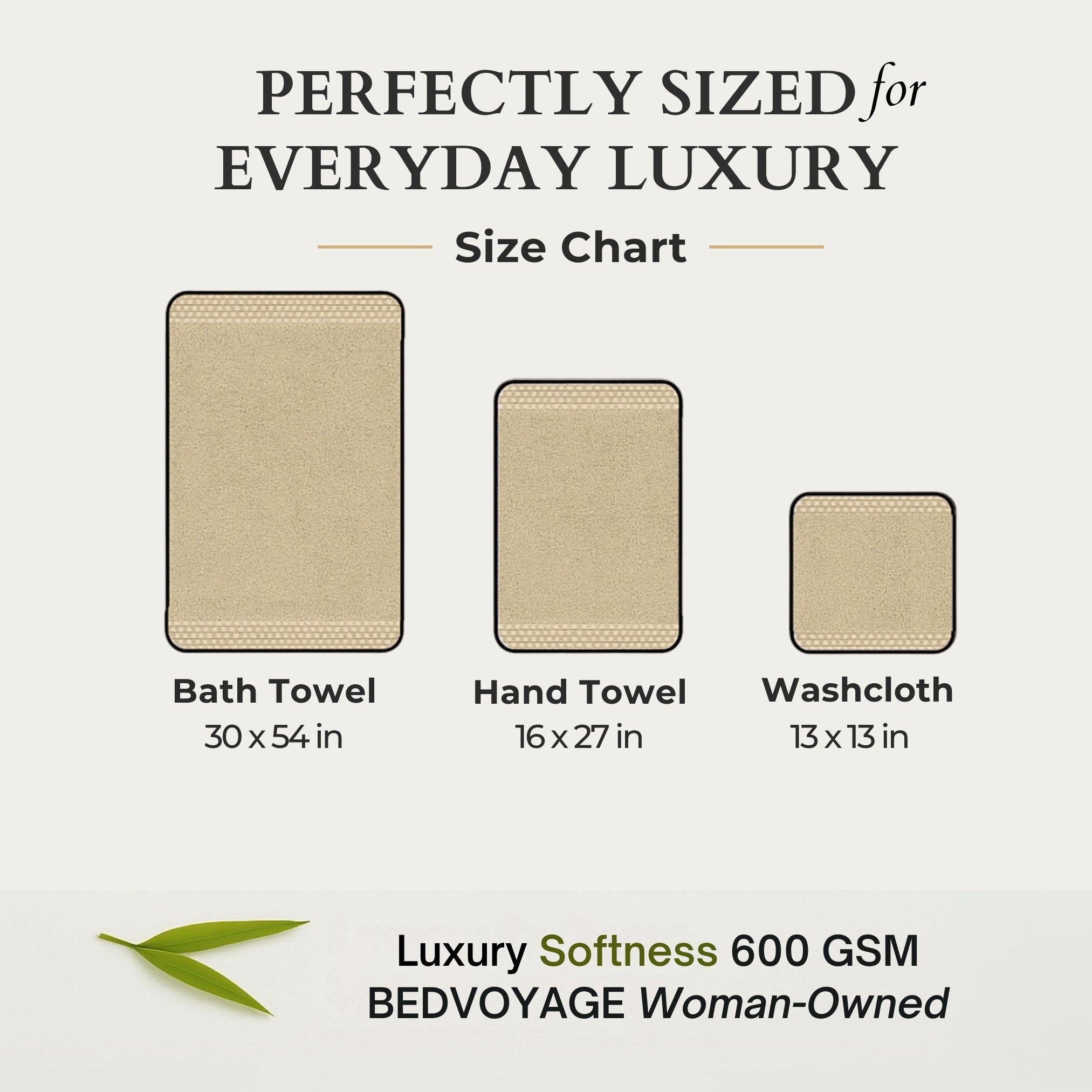 Size chart for bath towel, hand towel, and washcloth with dimensions and BEDVOYAGE branding.