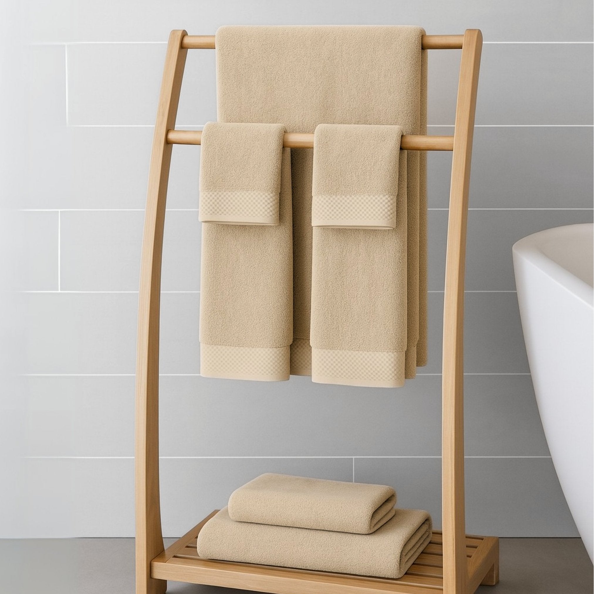 Beige towels on a wooden towel rack against a tiled bathroom wall.