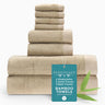 Stack of beige towels with a Bedvoyage tag on a white background