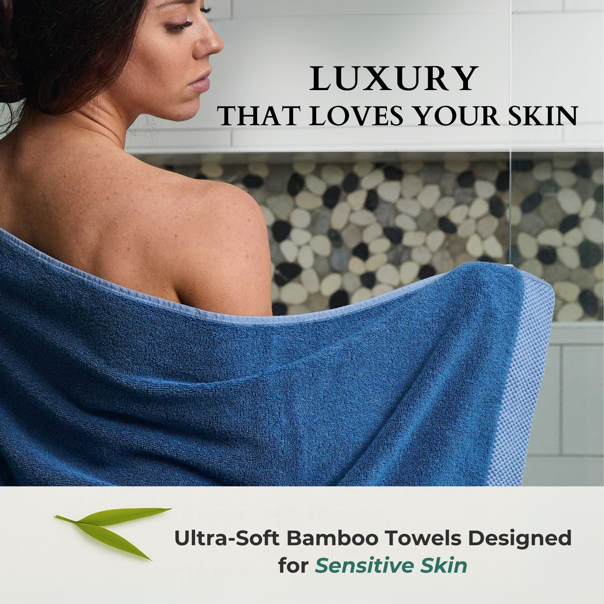 Woman wrapped in a blue towel with text about ultra-soft bamboo towels for sensitive skin.