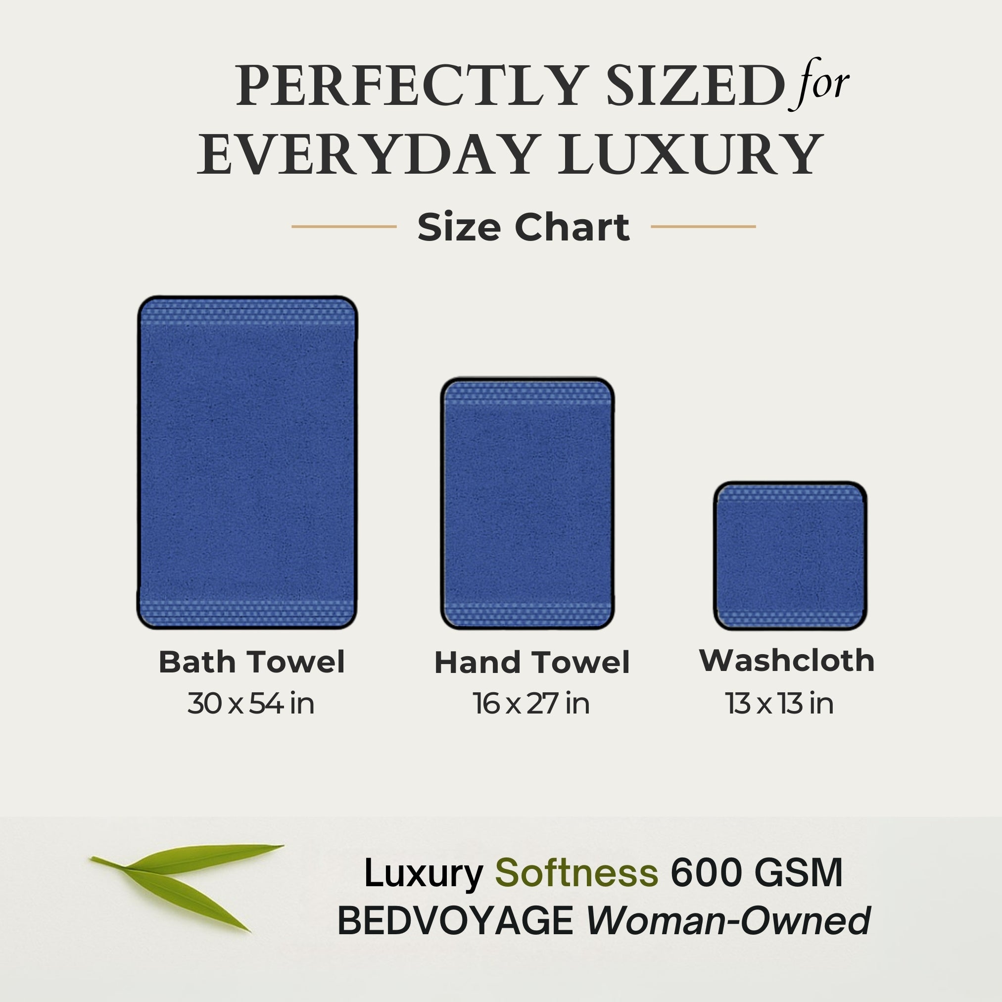 Size chart for bath towel, hand towel, and washcloth with dimensions and BEDVOYAGE branding.