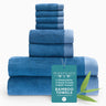 Set of blue bamboo towels with a 'Bed Voyage' tag on a white background