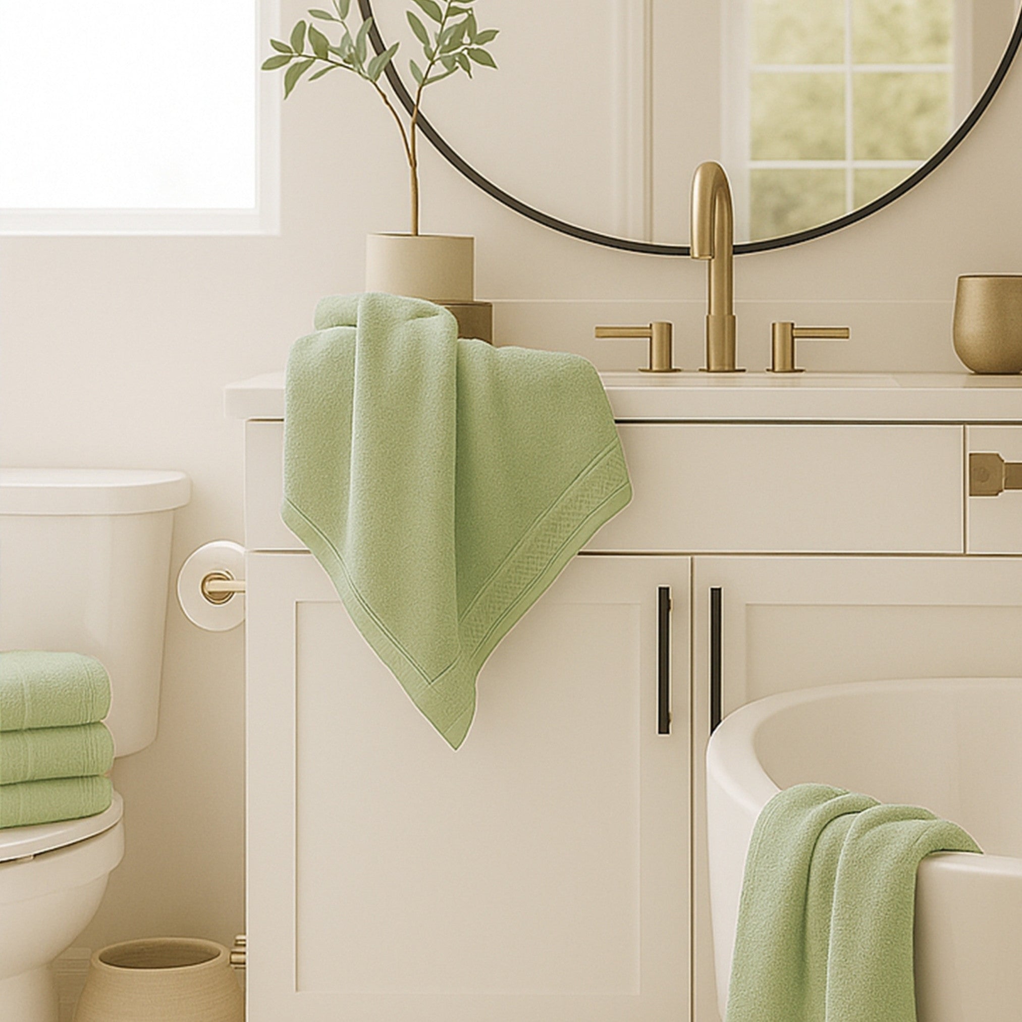 Bathroom with green towels on toilet, sink, and bathtub.