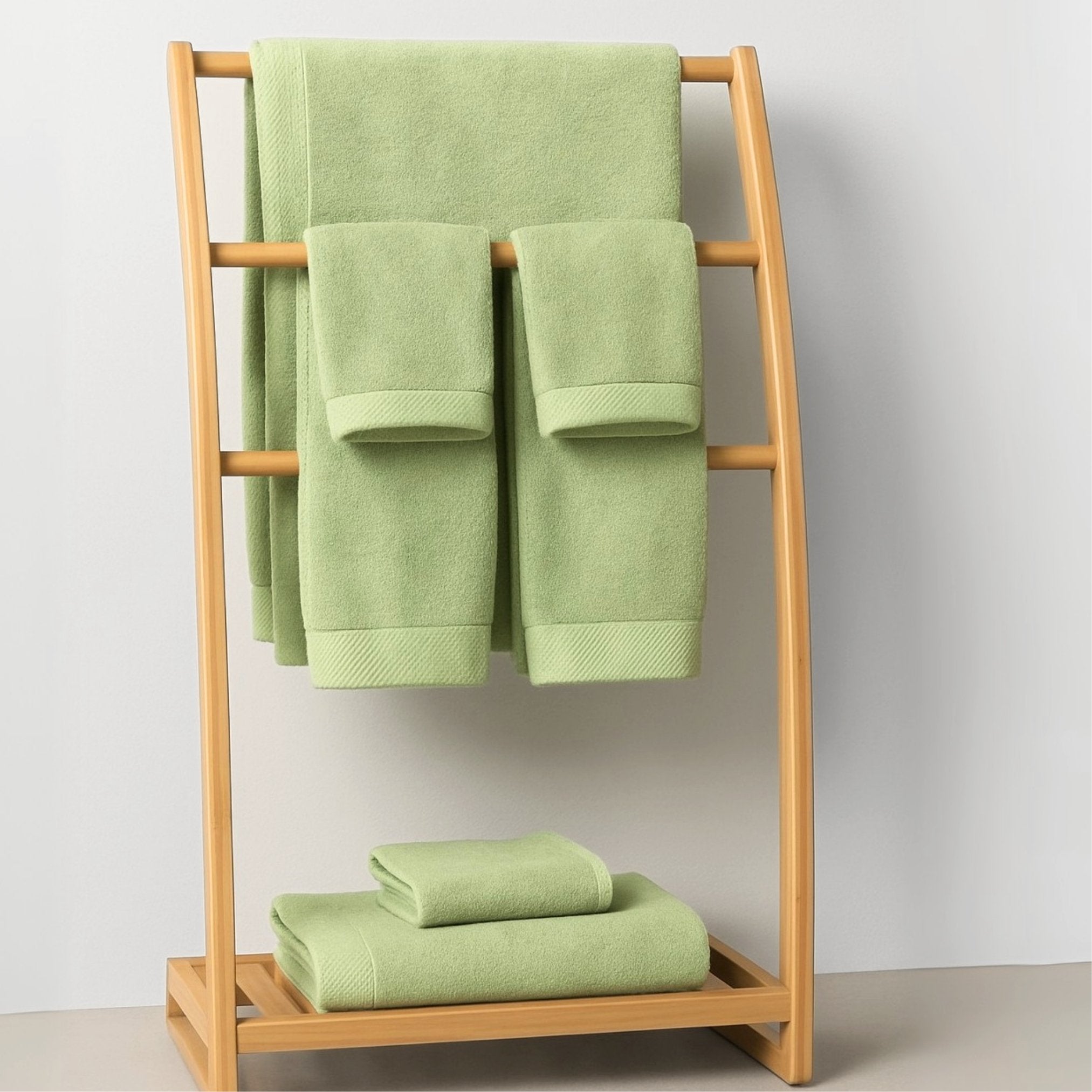 Green towels on a wooden towel rack against a white background
