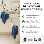 Bathroom setting with blue towels hanging, featuring Bedvoyage Bamboo Towels advertisement.