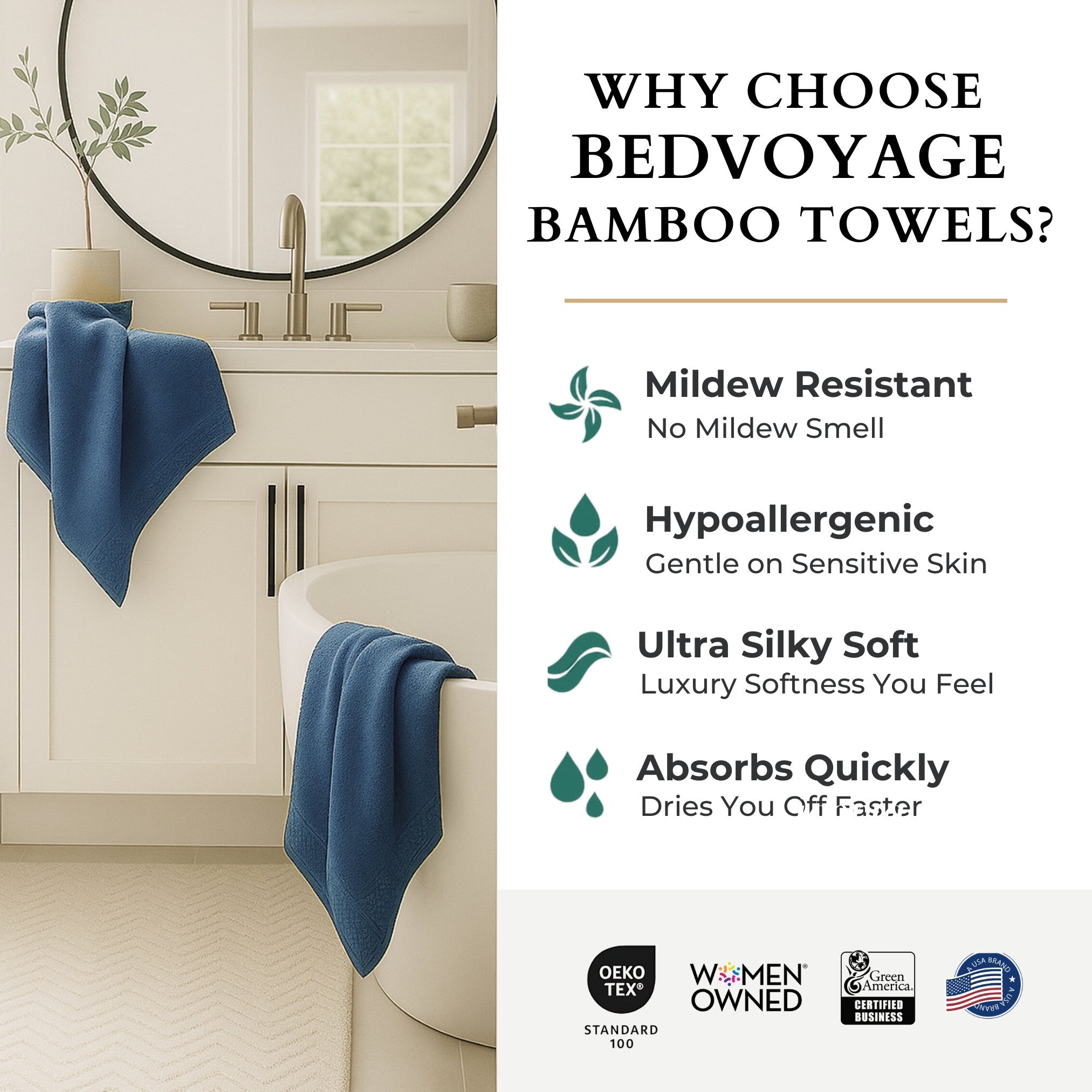 Bathroom setting with blue towels hanging, featuring Bedvoyage Bamboo Towels advertisement.