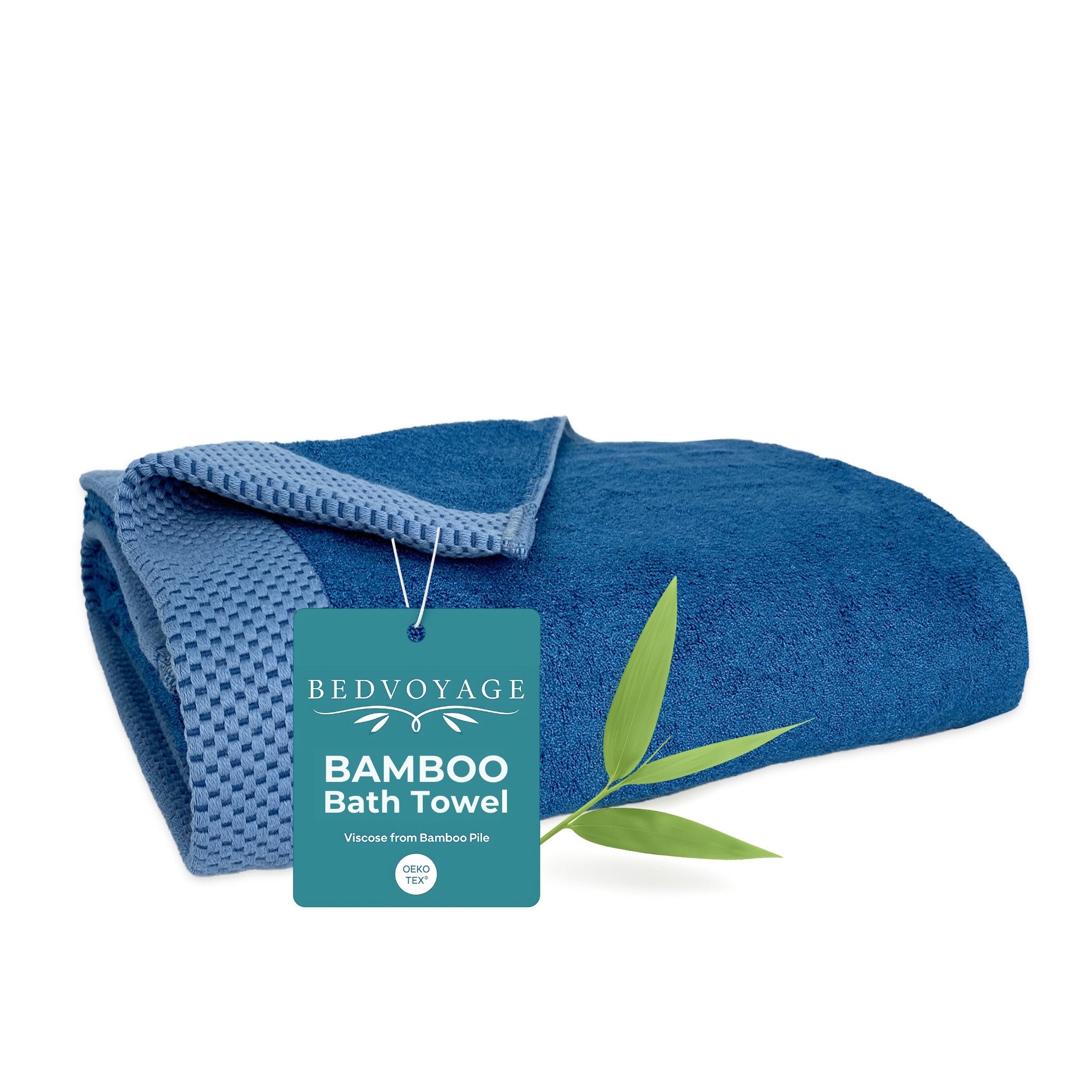 Blue bamboo bath towel with a visible brand tag on a white background