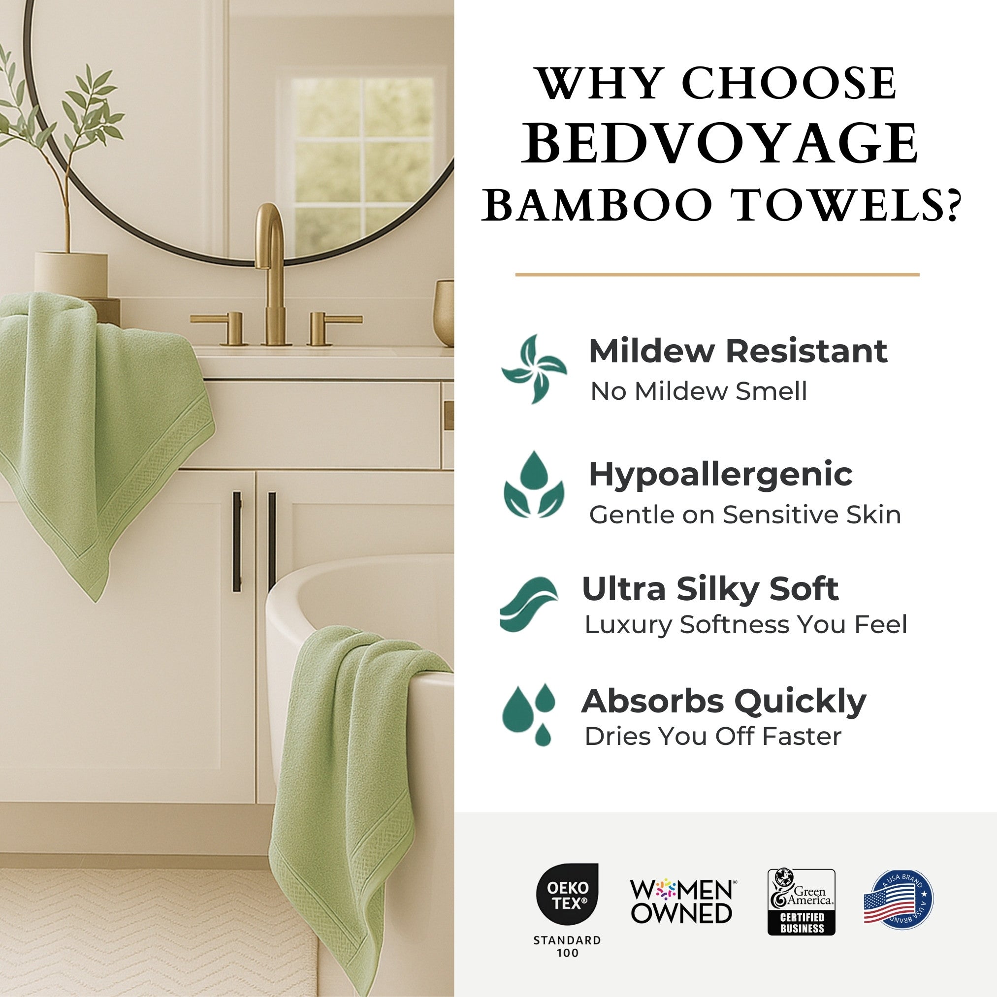 Bathroom setting with green towels and Bedvoyage bamboo towels promotional text.