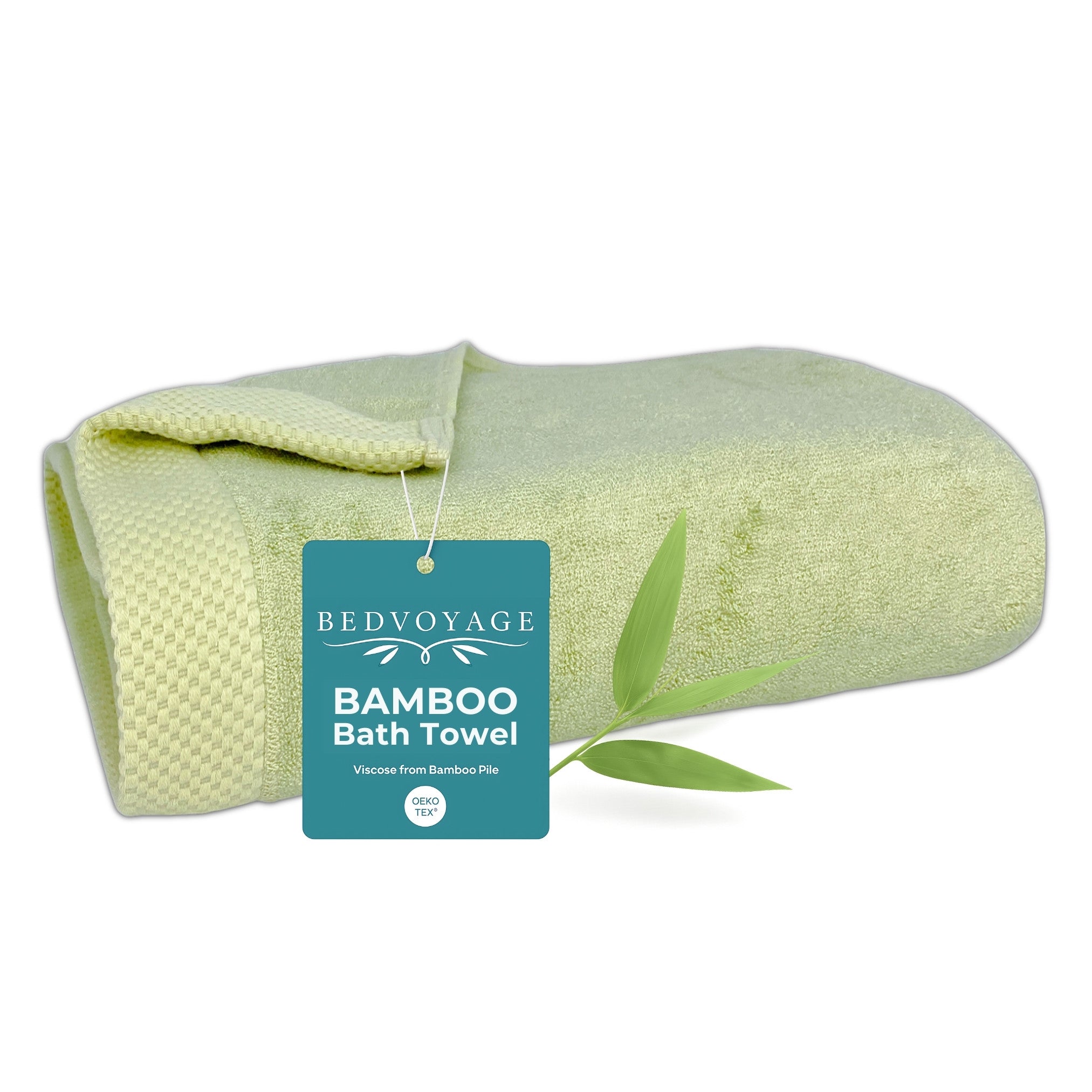 Green bamboo bath towel with a tag on a white background