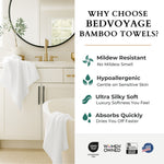 Bathroom setting with Bedvoyage bamboo towels and product features listed on the right.