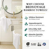 Bathroom setting with Bedvoyage bamboo towels and product features listed on the right.