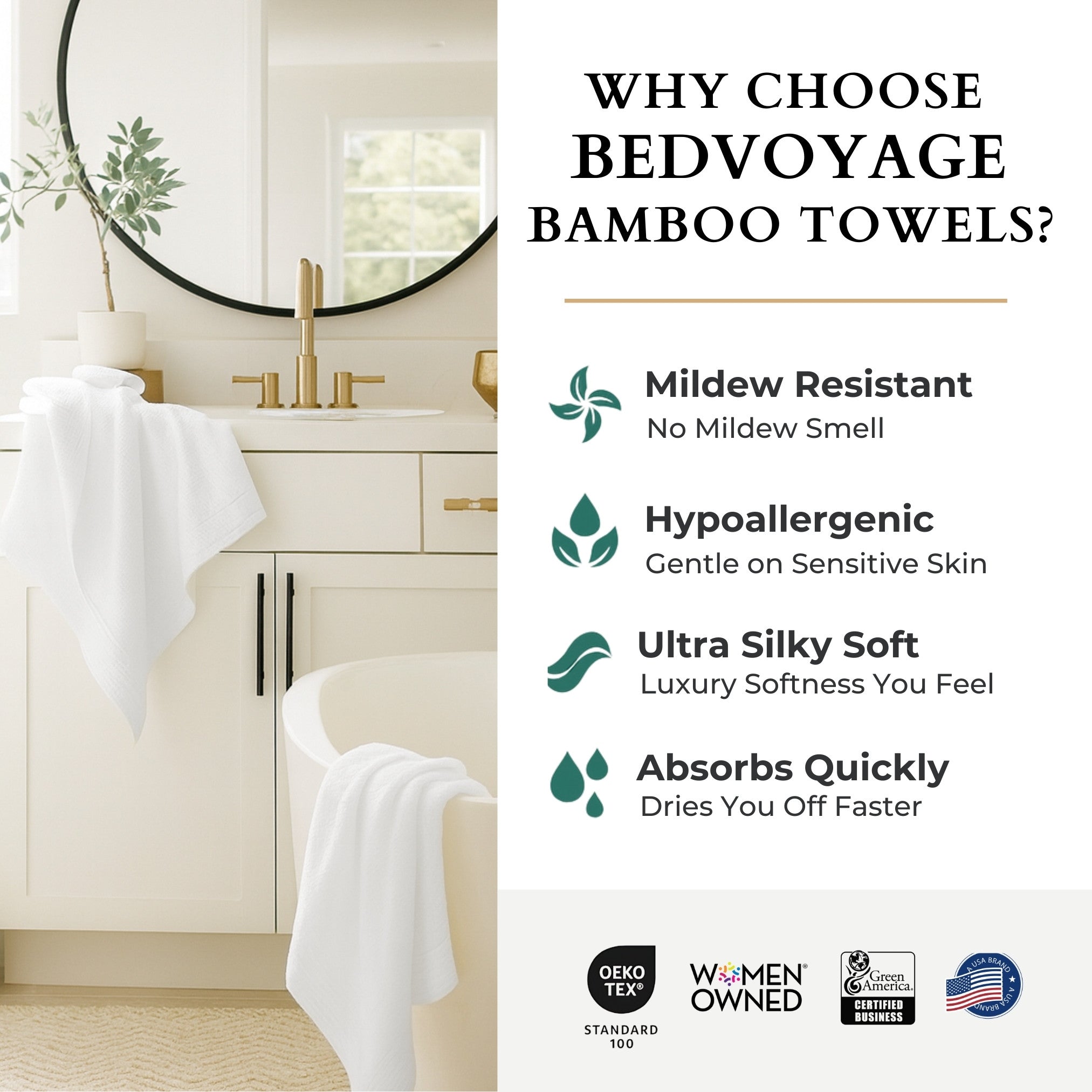 Bathroom setting with Bedvoyage bamboo towels and product features listed on the right.