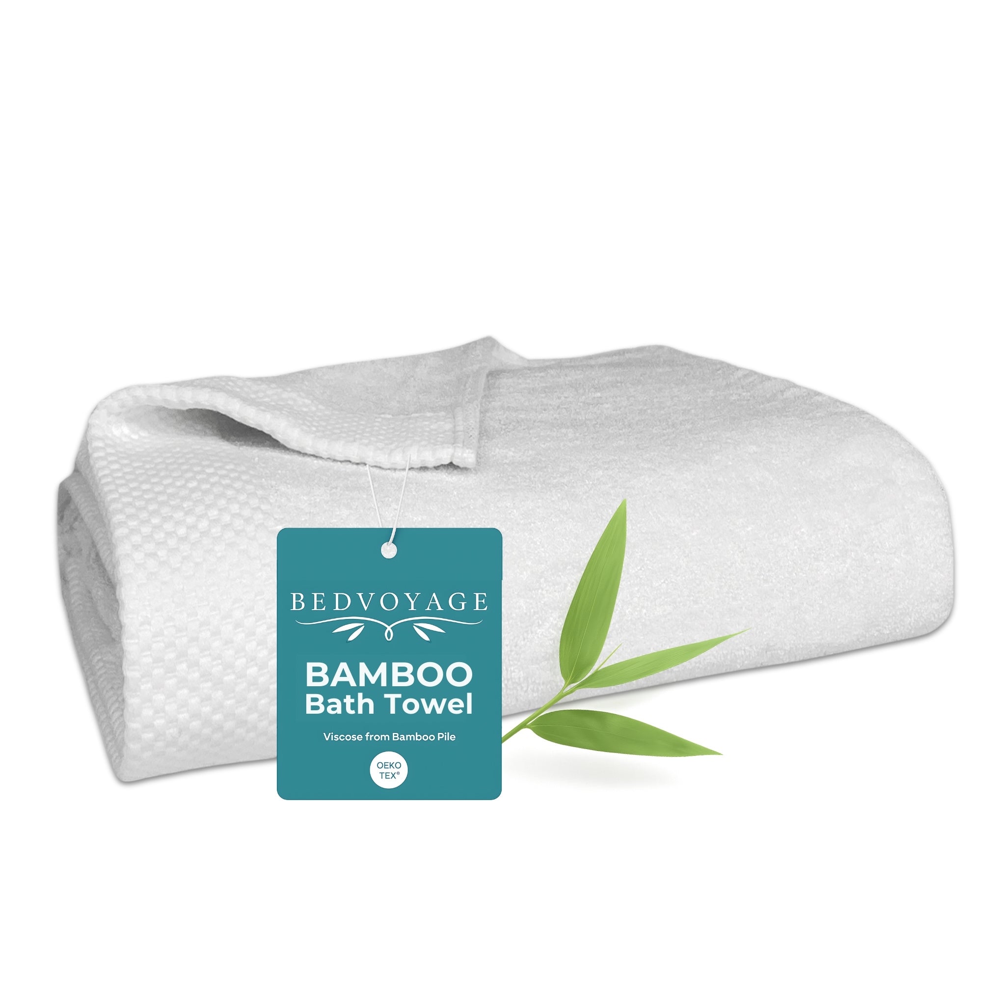 White bamboo bath towel with a blue label on a white background