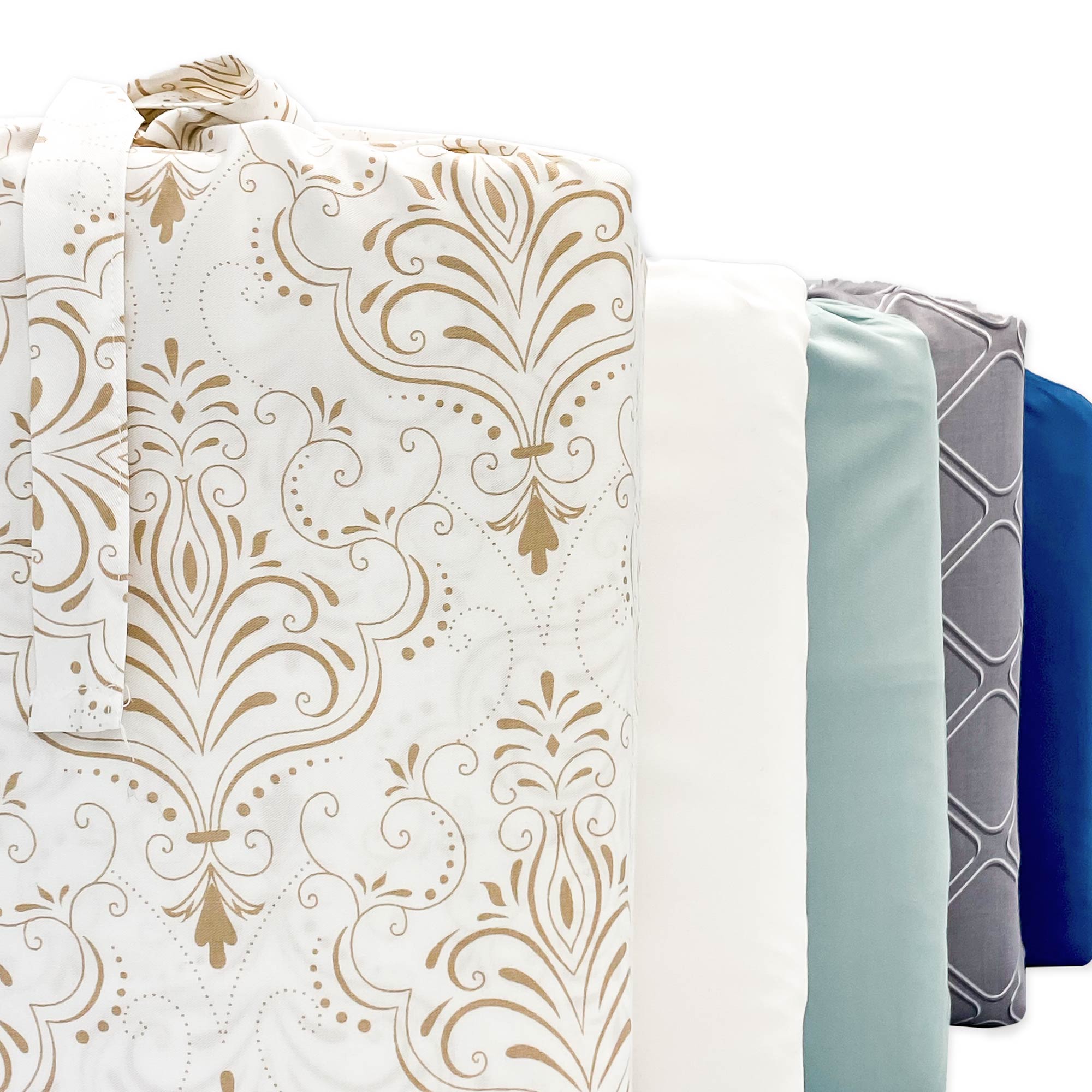 stack of packaged bedvoyage duvet covers all colors
