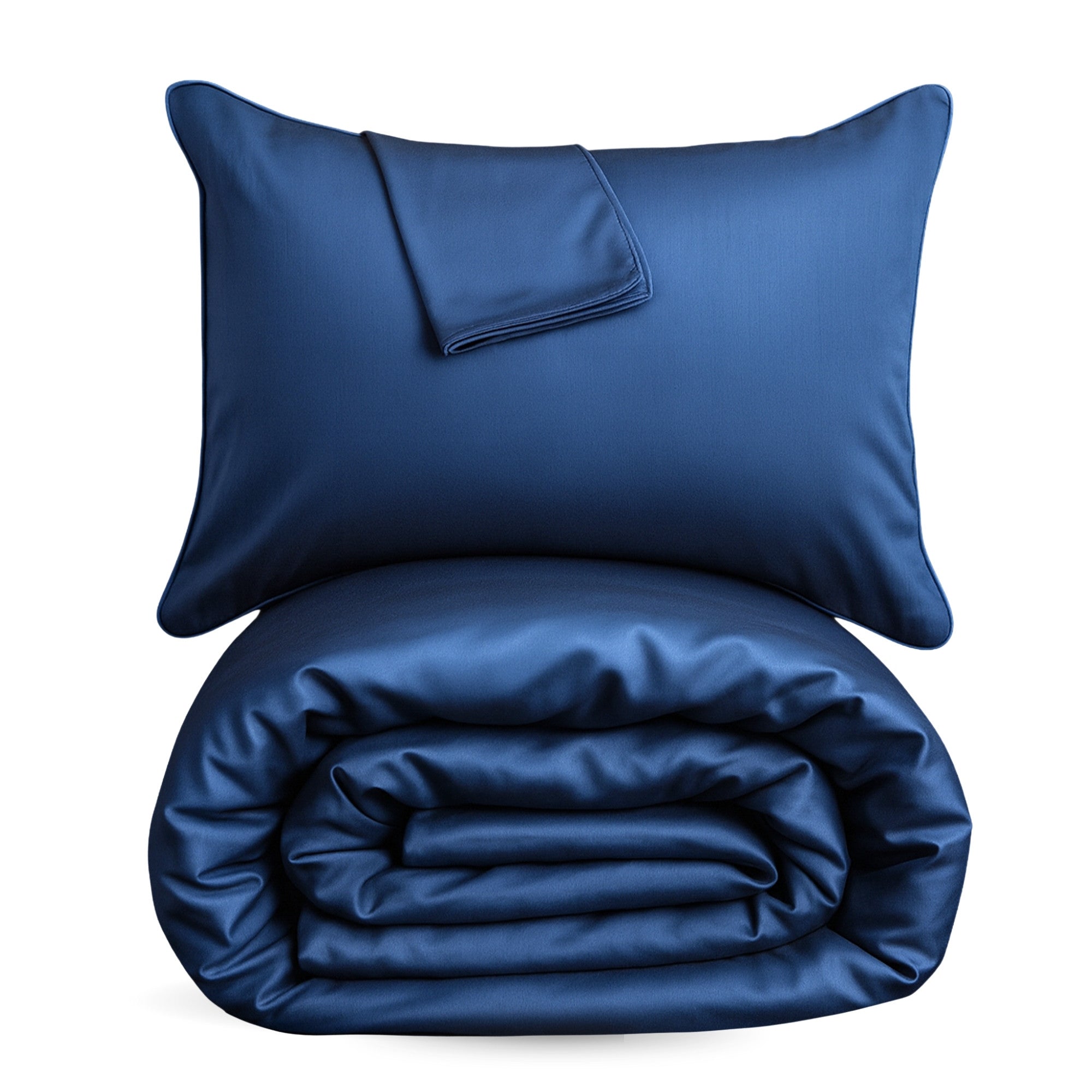 indigo Blue bedding set with a folded comforter and pillow on a white background
