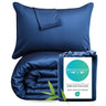 Blue bedding set with pillows and a duvet cover, featuring the Bed Voyage brand.