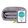 Gray pattern duvet cover with 'Bed Voyage' packaging on a white background