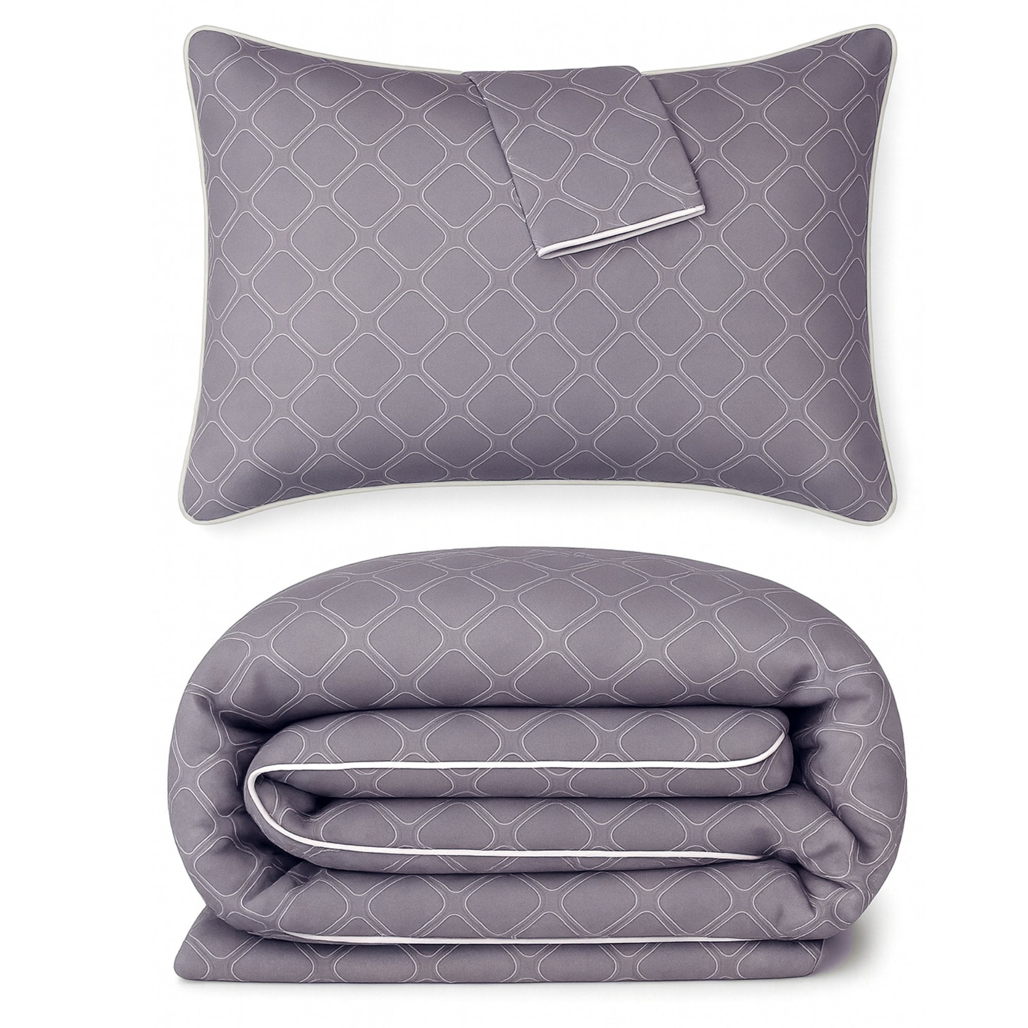 Gray pattern duvet and pillow with geometric pattern on a white background