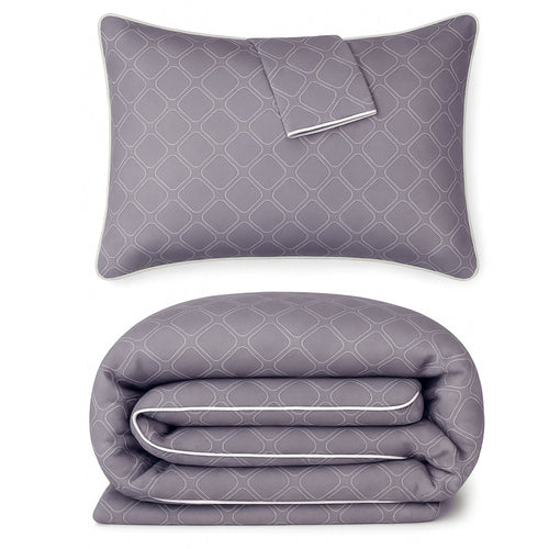 Gray pattern duvet and pillow with geometric pattern on a white background