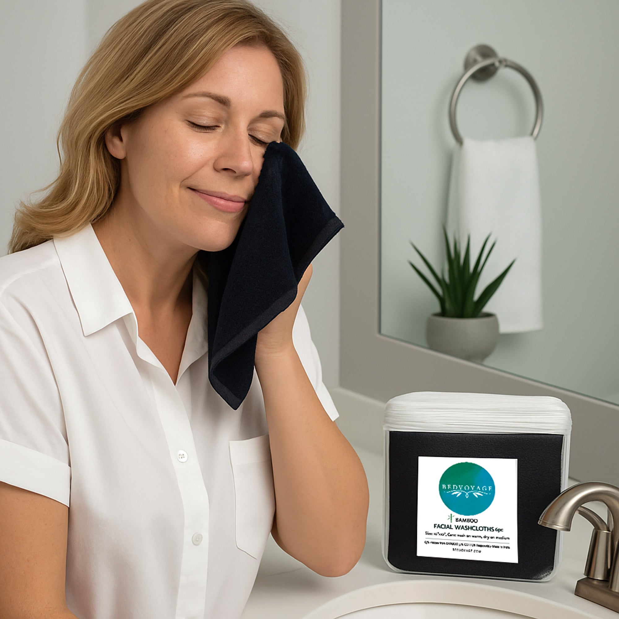 Woman cleaning her face with a black towel next to a container of Neveosage Skincare products.