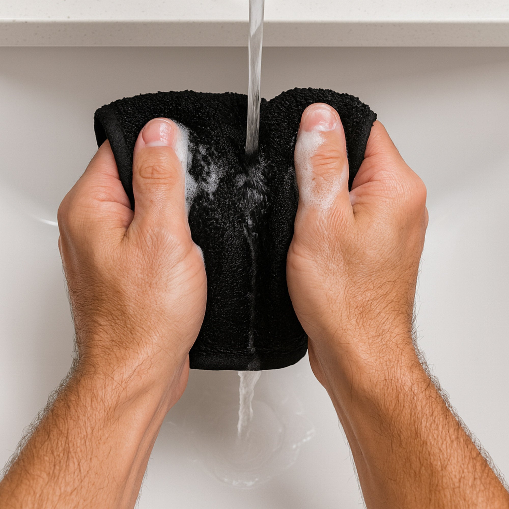 Person washing a black facial washcloth under running water in a sink.