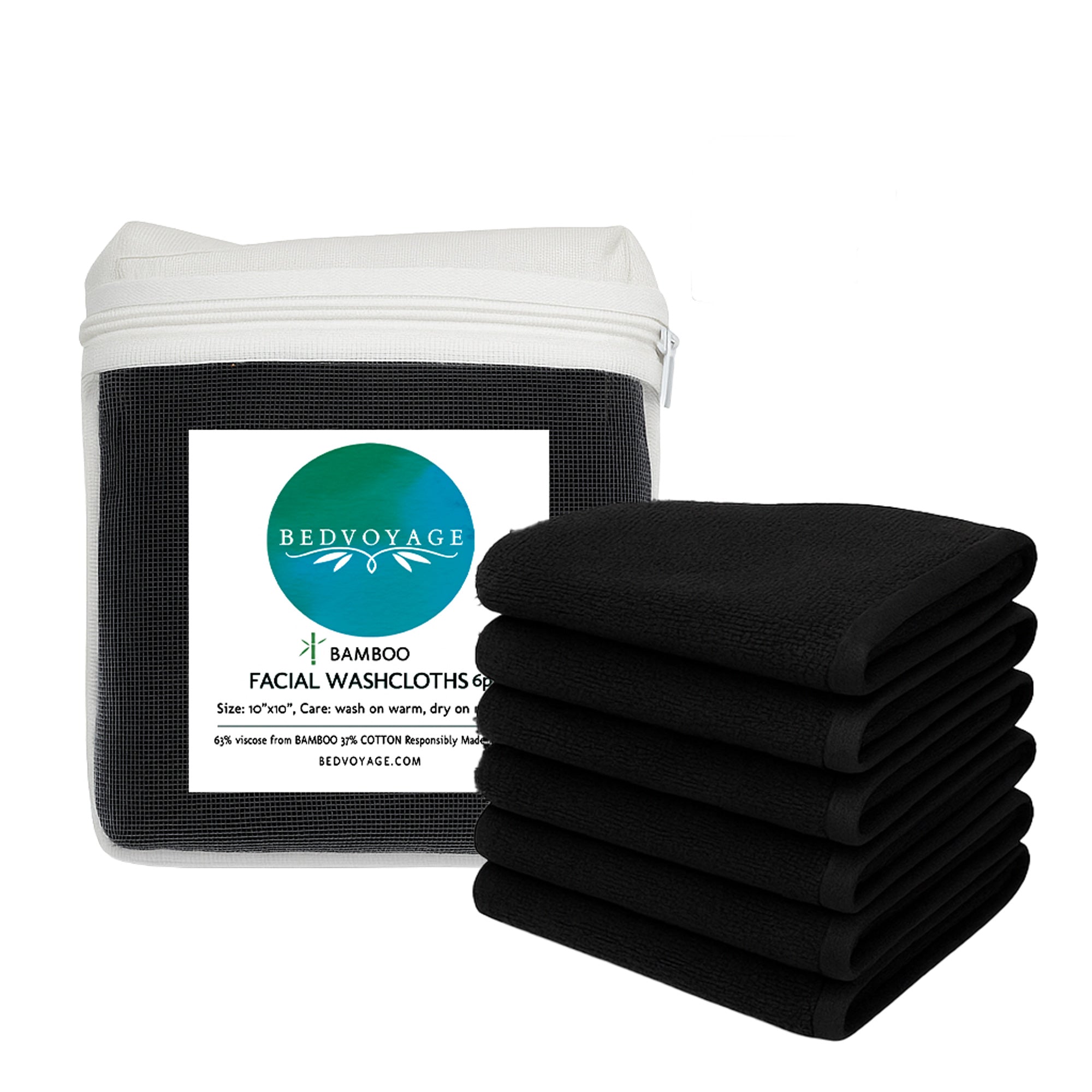 Set of black facial washcloths with a white container labeled 'Bed Voyage' on a white background