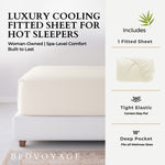 Bedvoyage luxury cooling fitted sheet for hot sleepers with product details on a white background.