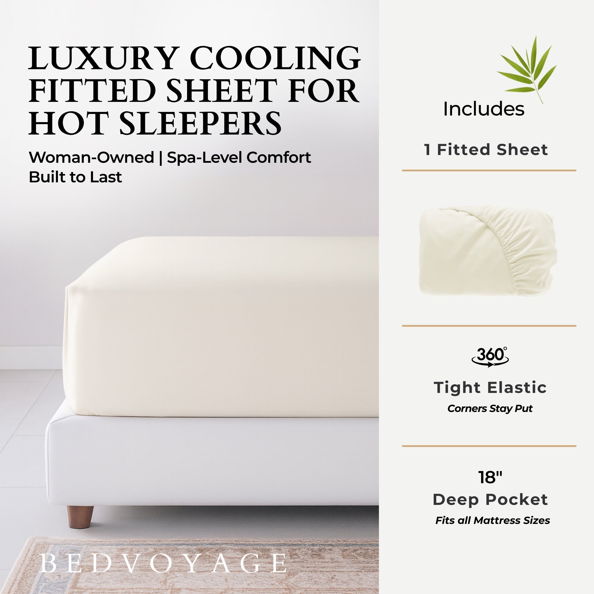 Bedvoyage luxury cooling fitted sheet for hot sleepers with product details on a white background.