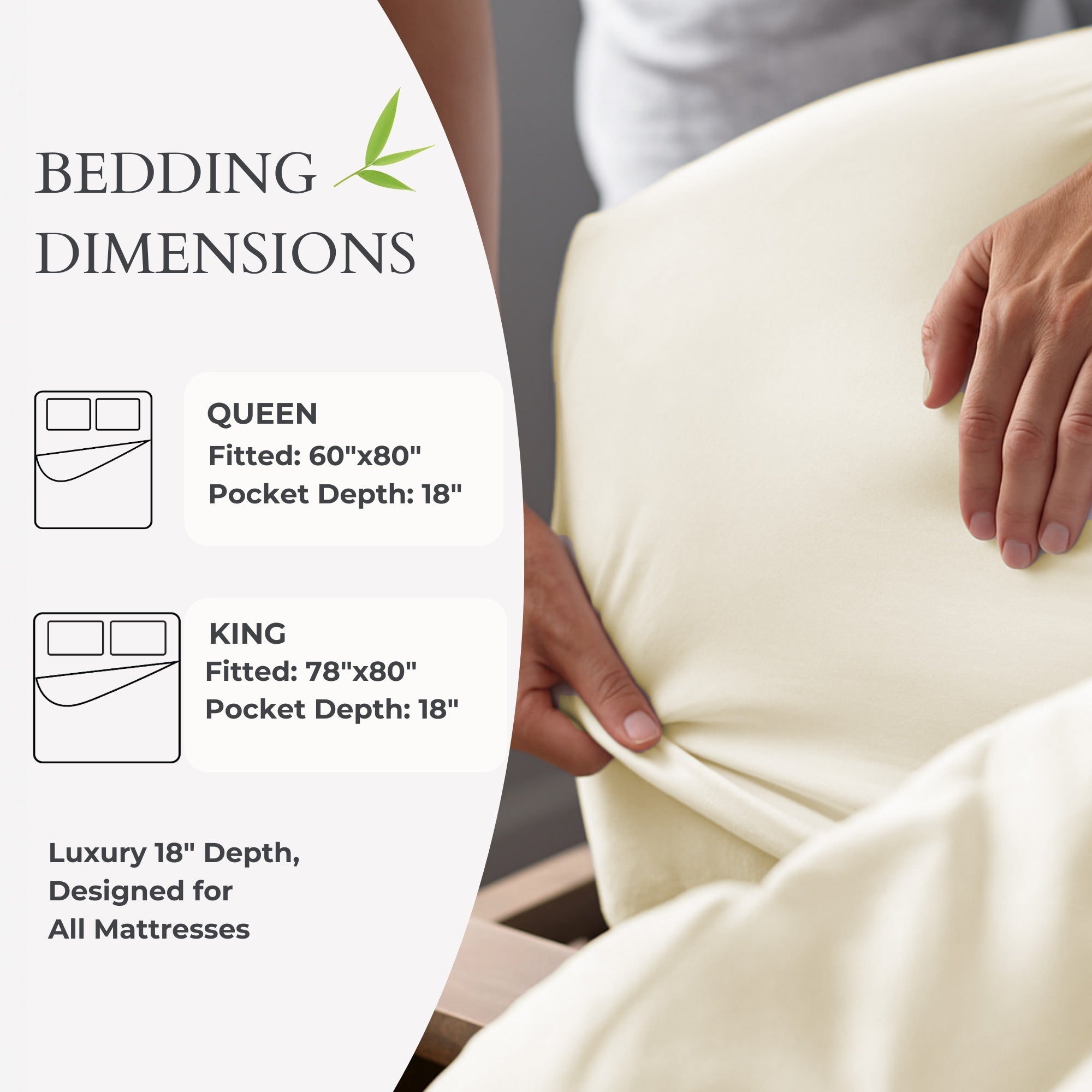 Person holding a fitted sheet with bedding dimensions displayed on the left.