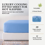 Blue fitted sheet on a bed with product features listed on the right, including brand 'Bedvoyage'.