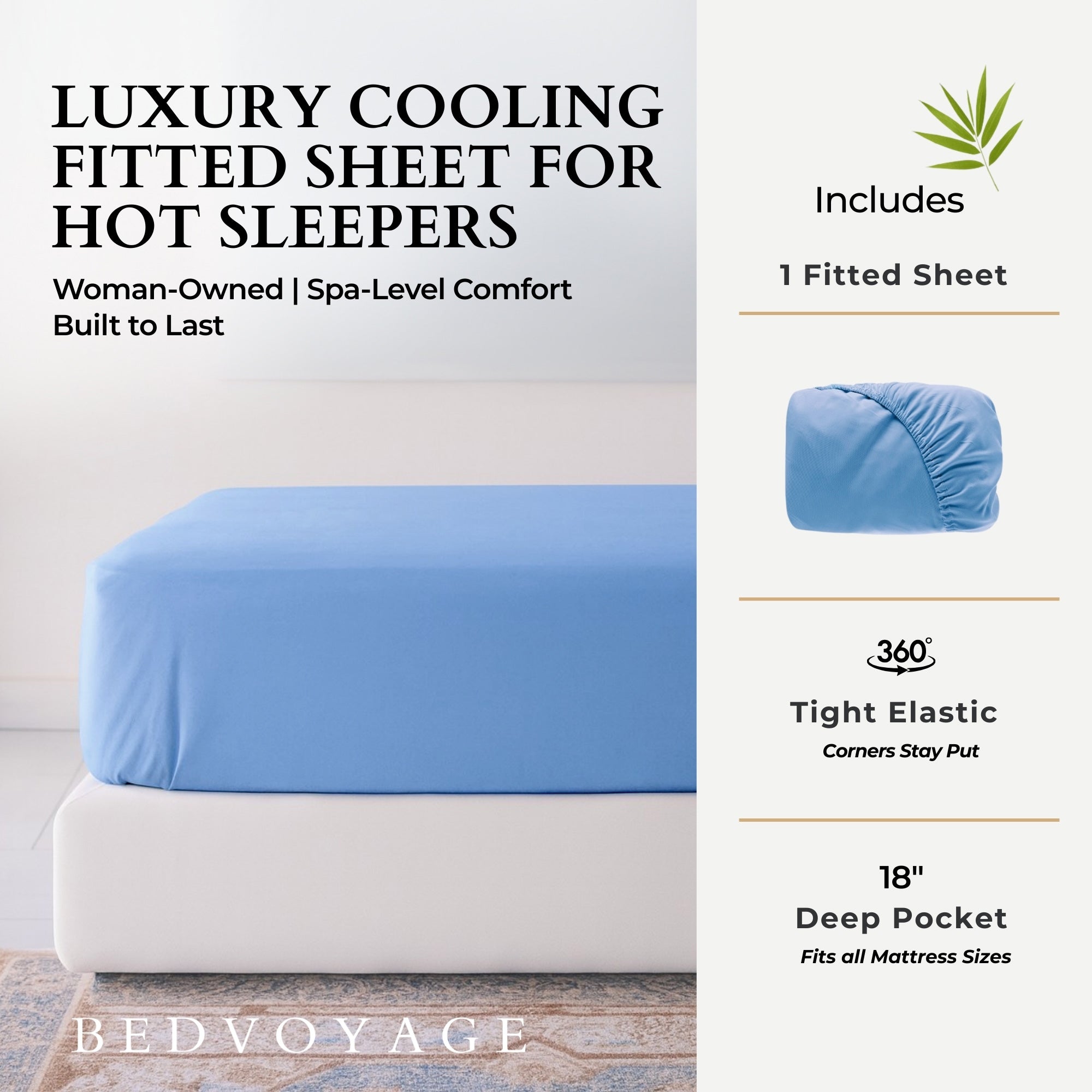 Blue fitted sheet on a bed with product features listed on the right, including brand 'Bedvoyage'.