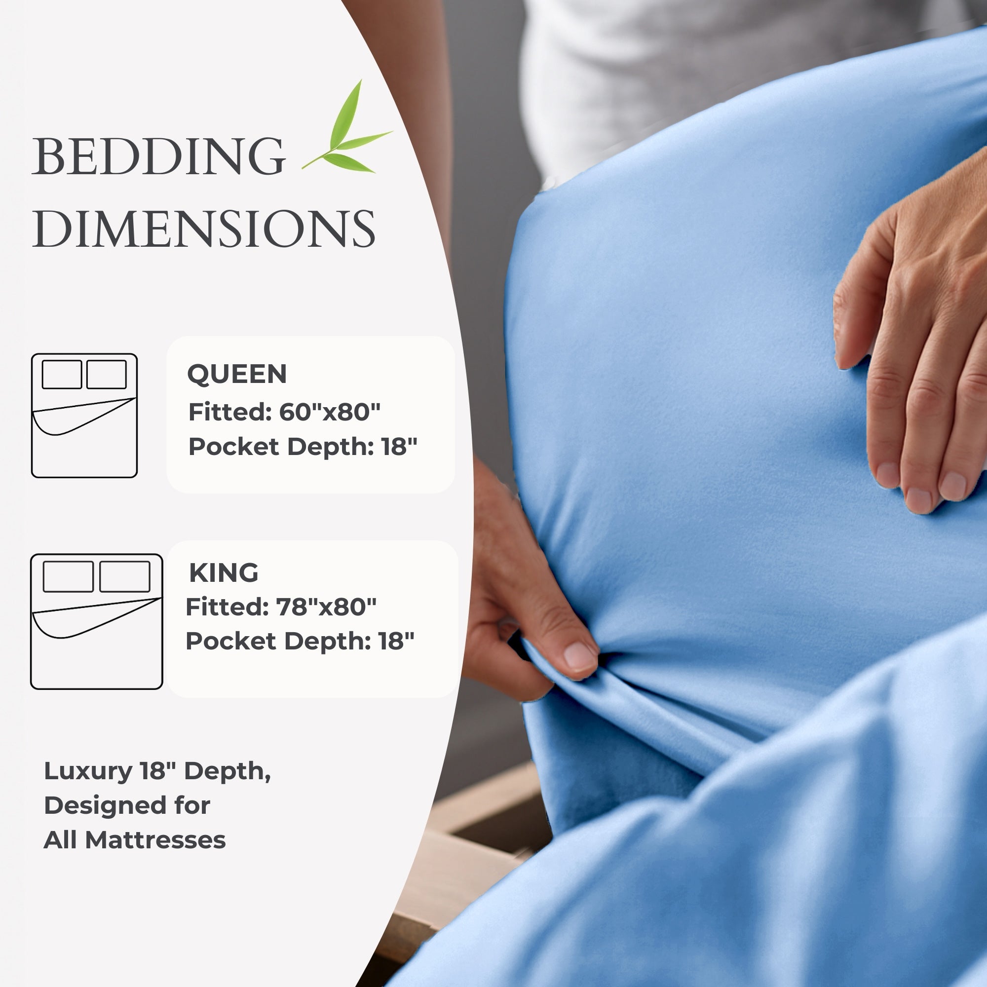 Blue fitted sheet being adjusted with bedding dimensions text overlay