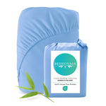 Blue fitted sheet with packaging labeled 'Bed Voyage' on a white background