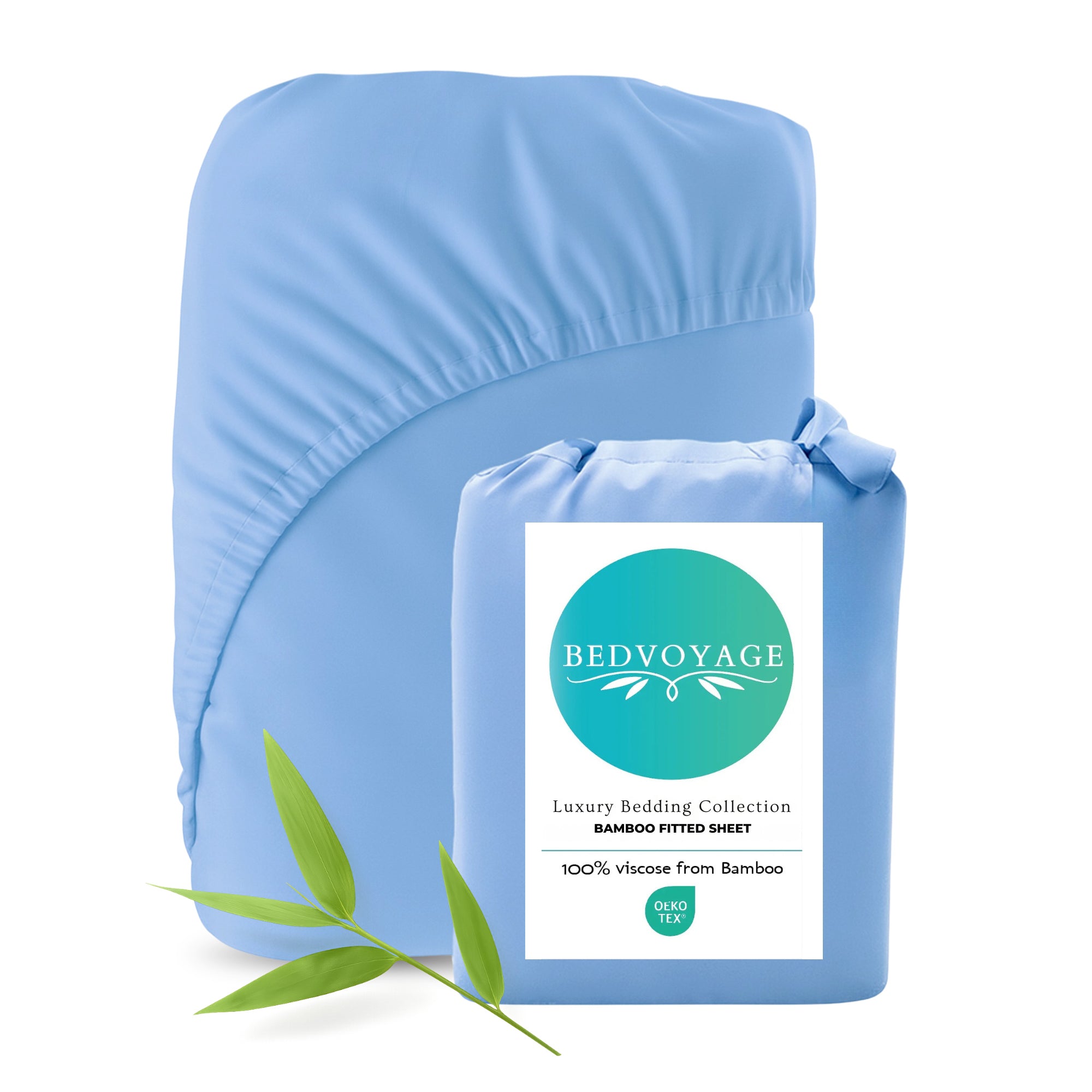 Blue fitted sheet with packaging labeled 'Bed Voyage' on a white background