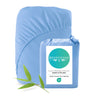 Blue fitted sheet with packaging labeled 'Bed Voyage' on a white background