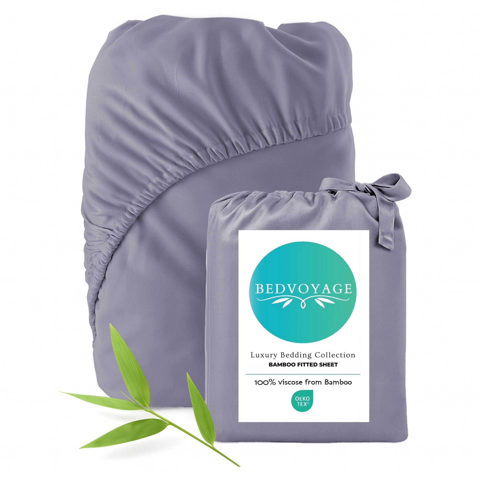 dark gray bamboo fitted sheet with Bedvoyage packaging on a white background