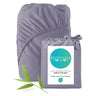 dark gray bamboo fitted sheet with Bedvoyage packaging on a white background