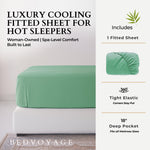 Green fitted sheet on a mattress with product features listed on the right, branded as Bedvoyage.