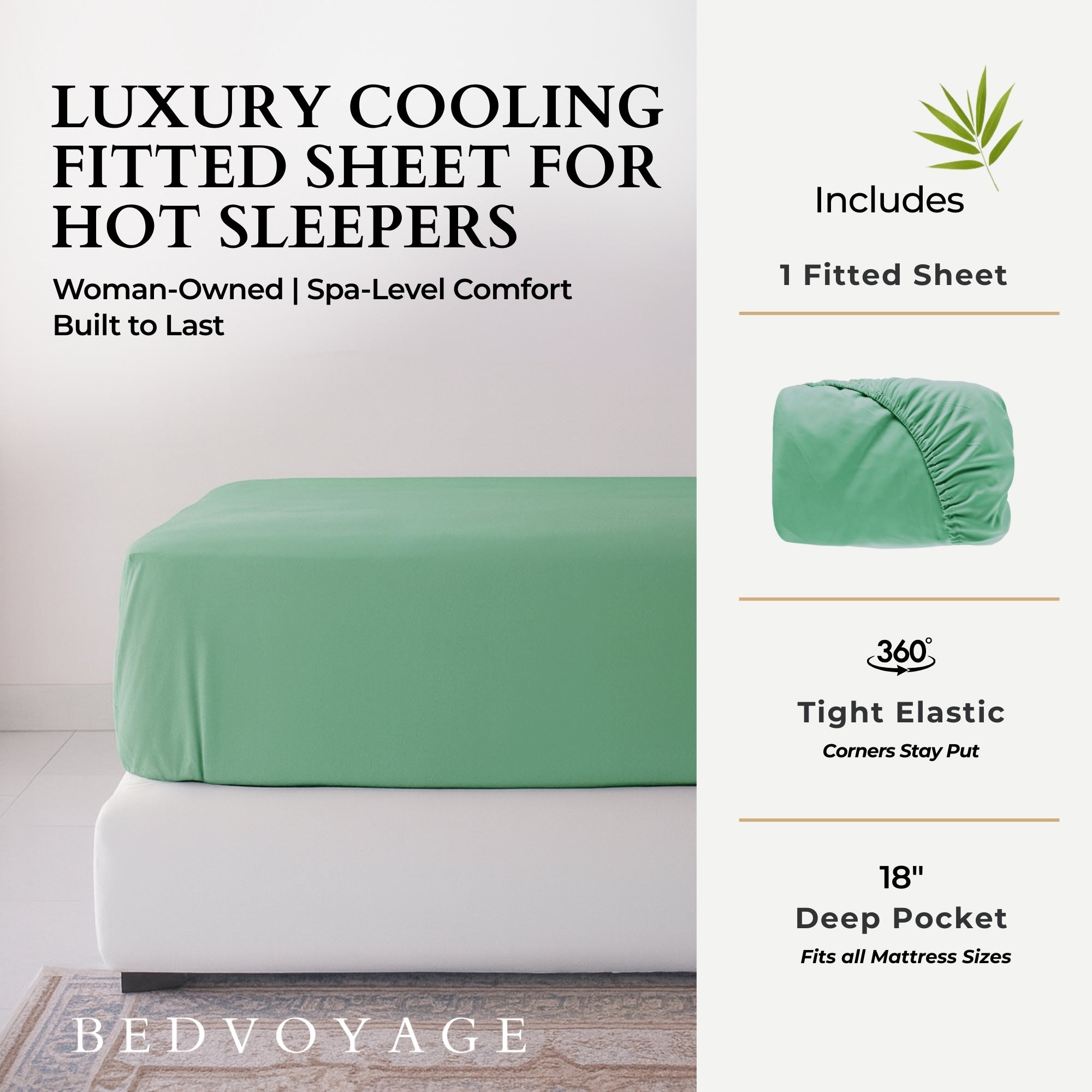Green fitted sheet on a mattress with product features listed on the right, branded as Bedvoyage.
