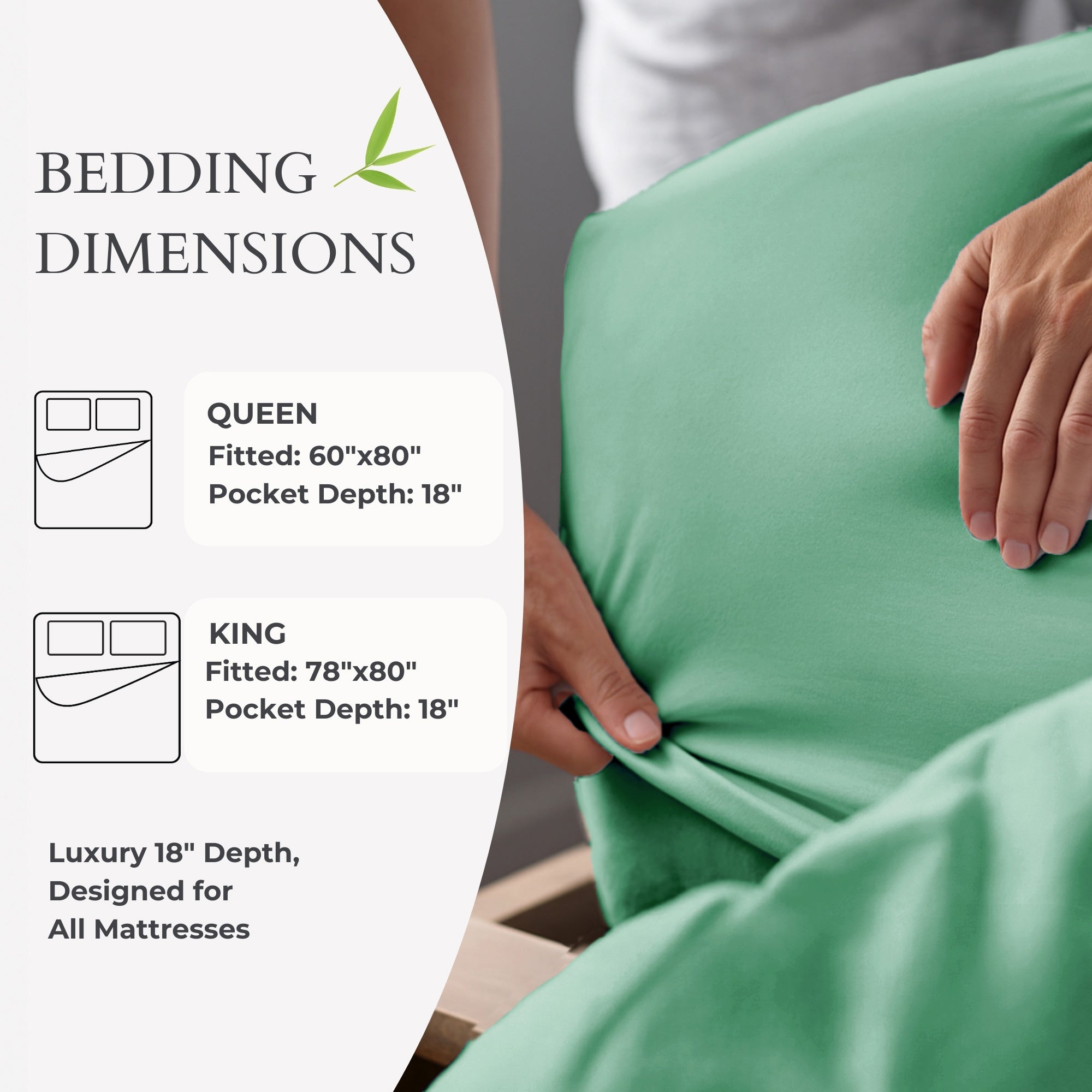 Green fitted sheet being adjusted with bedding dimensions text overlay