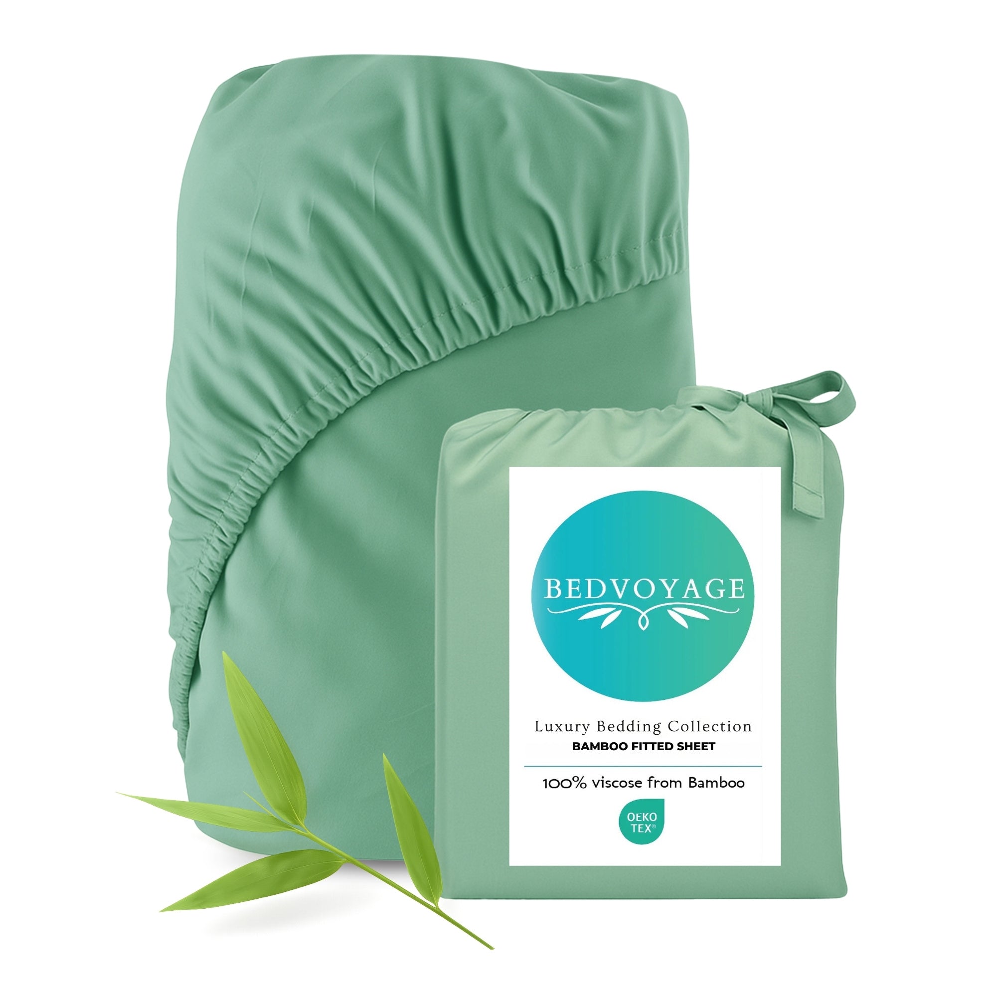 Green bamboo fitted sheet with packaging and leaf on a white background