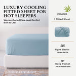 Advertisement for a luxury cooling fitted sheet with product details and brand name.