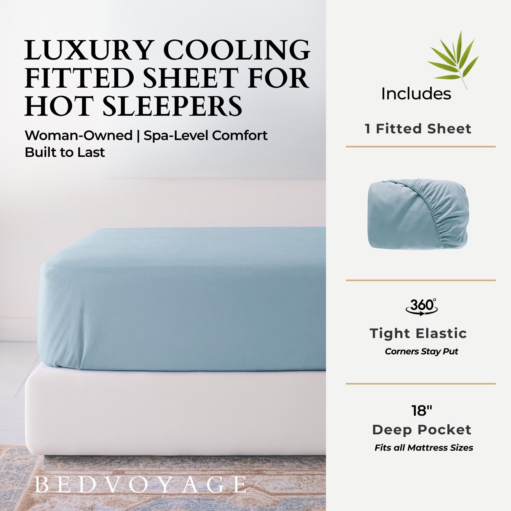 Advertisement for a luxury cooling fitted sheet with product details and brand name.