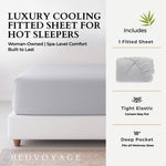 Bedvoyage luxury cooling fitted sheet for hot sleepers with product details on a white background.