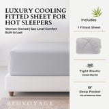 Bedvoyage luxury cooling fitted sheet for hot sleepers with product details on a white background.